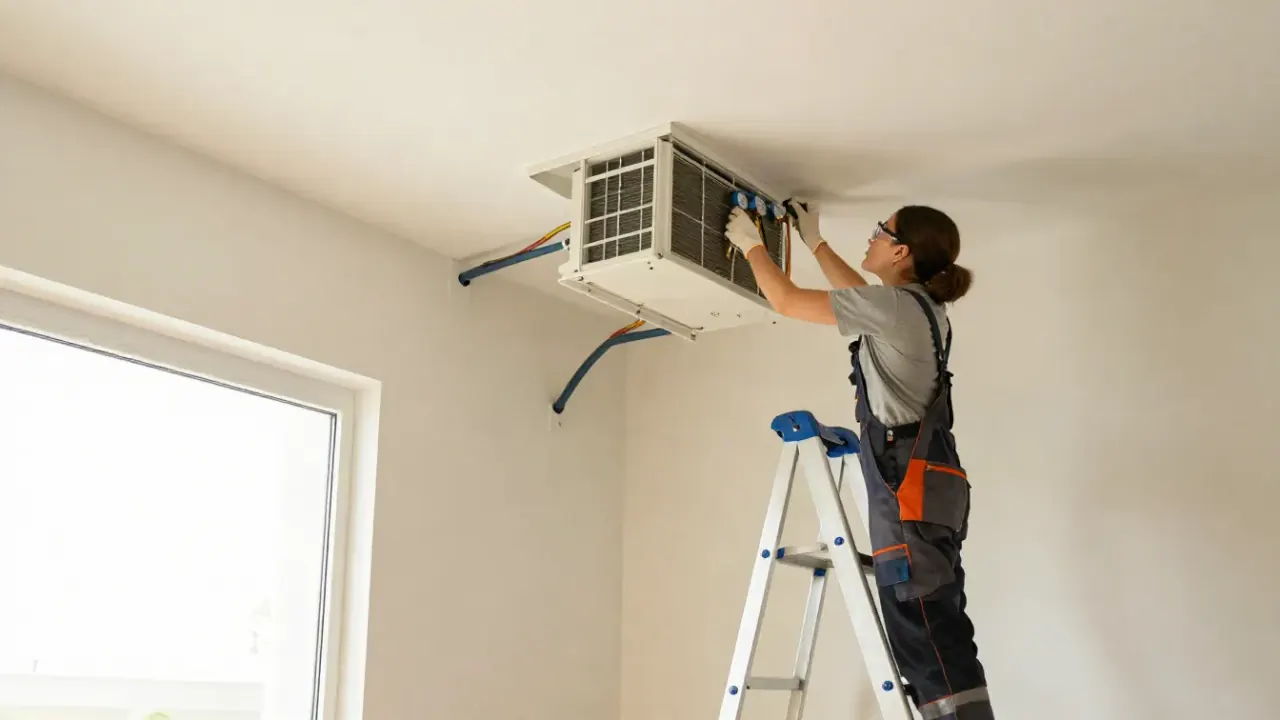 Mini Split Repair in Rosenberg, Texas: HVAC technician on a sturdy step ladder, cleaning the filters of a wall-mounted