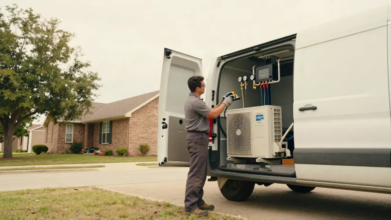 Mini Split Repair in Rosenberg, Texas: wide shot of an HVAC technician standing next to a service van with its back doors