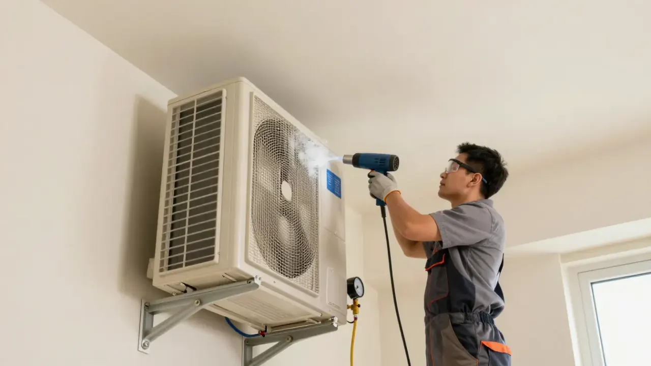 Frozen Coil and Ice Buildup Repair in Rosenberg, Texas: HVAC technician uses a heat gun to carefully thaw ice buildup on the