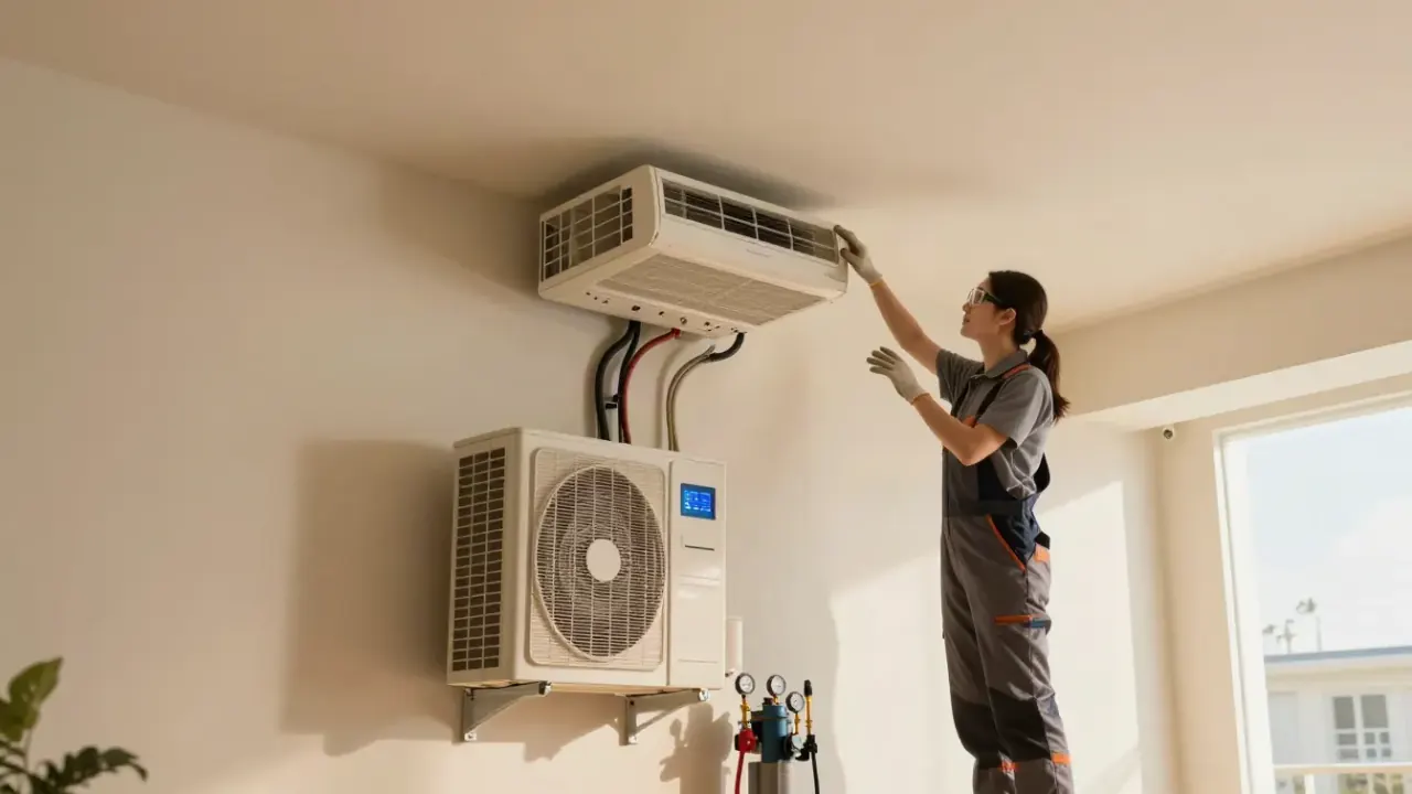 Mini Split Repair in Rosenberg, Texas: HVAC technician explaining an issue to a homeowner in a living room, gesturing